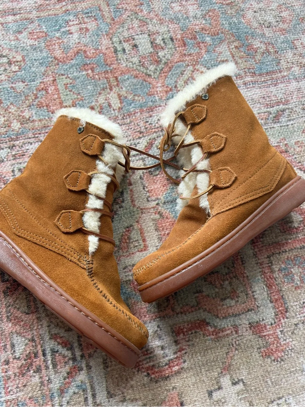 Minnetonka Chestnut Suede Shearling Lace-Up Boot